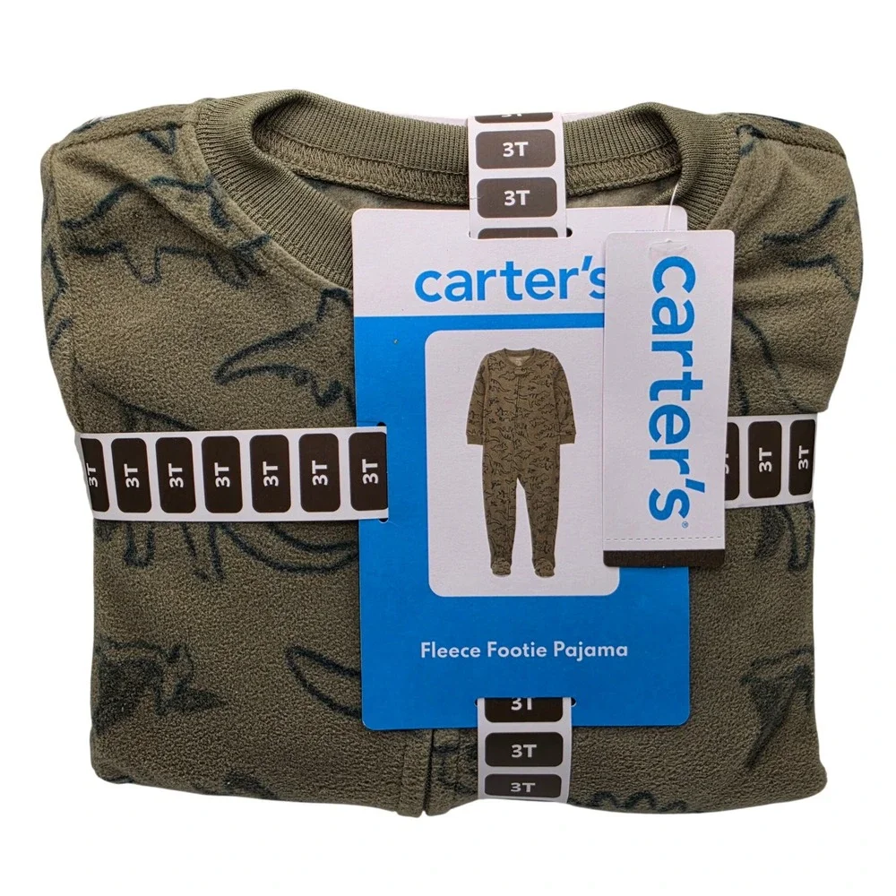 Carters Toddler Boys Fleece Footie Pajama Olive Green Dinosaur Print 3T
